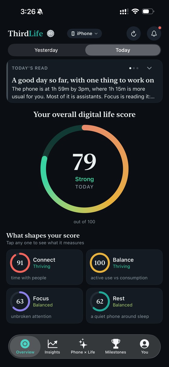 ThirdLife overview screen showing the four rings and overall daily score