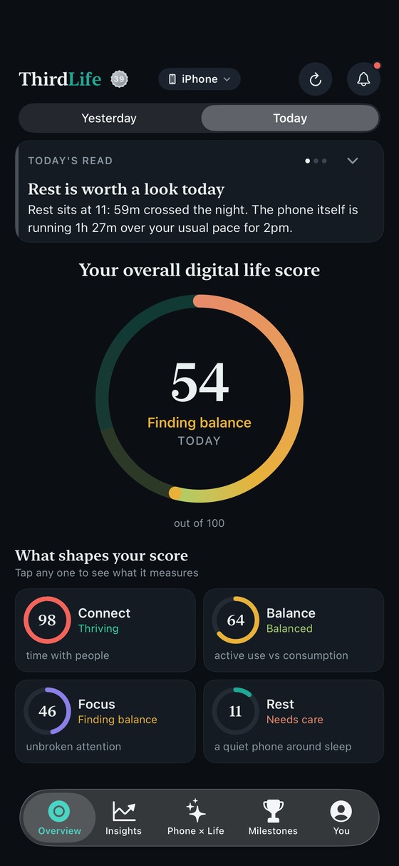 ThirdLife Overview showing the overall digital life score and the four rings beneath it, each with its band